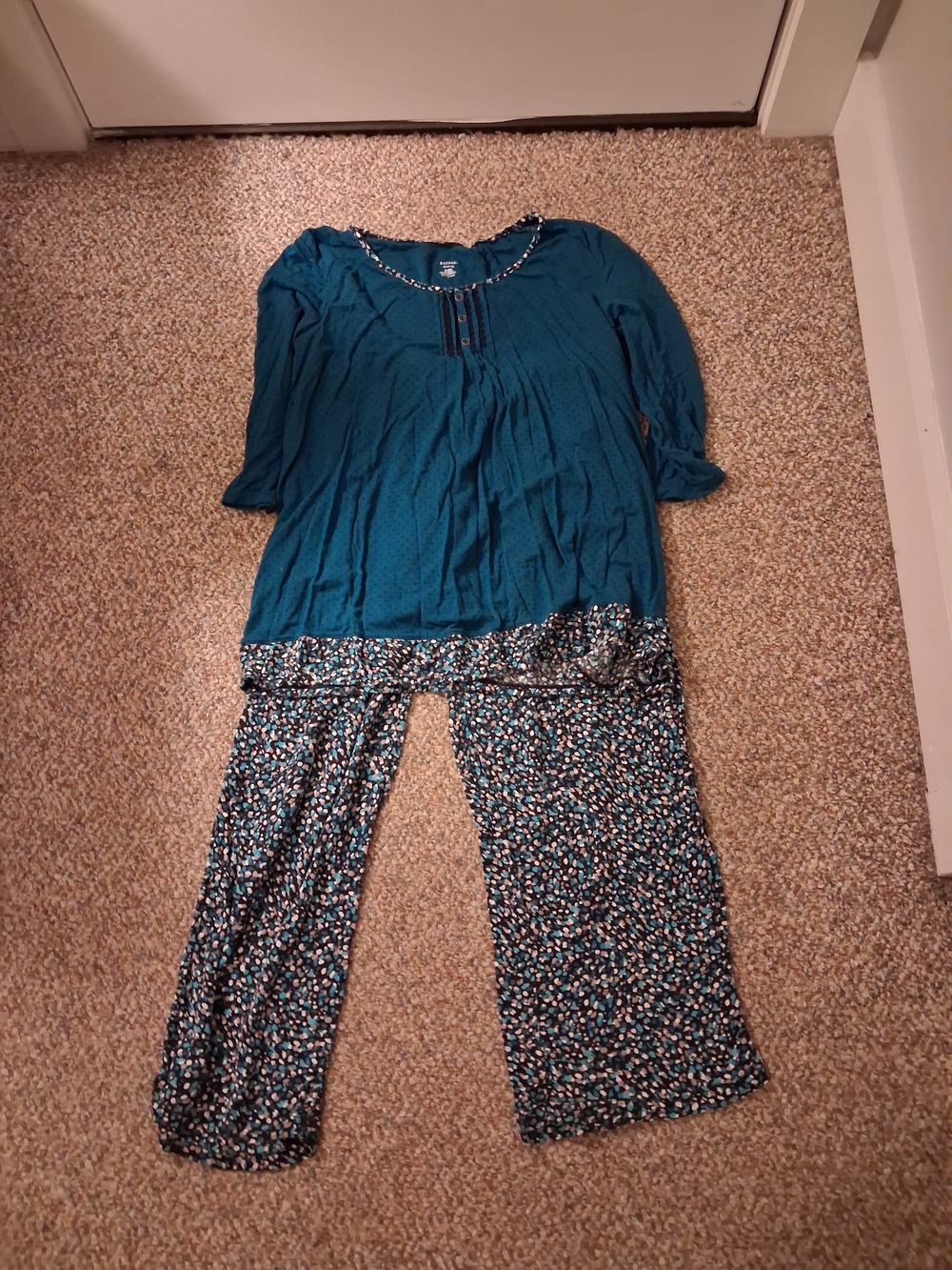 George Teal Floral Trim Two-Piece Pajama Set